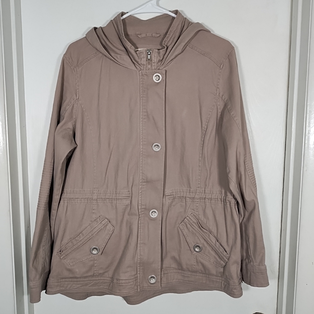 ASHLEY By 26 International L Beige Khaki Utility Jacket Hood Zip Button Pockets